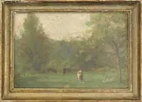 Émile Boulard, Cows in a Summer Landscape, Oil on board landscape scene shows a few cows and two geese in a green pasture lined with trees
