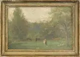 Émile Boulard, Cows in a Summer Landscape, Oil on board landscape scene shows a few cows and two geese in a green pasture lined with trees