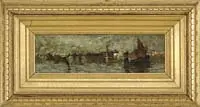 Venice by Samuel Hester Crone, Oil on board scene shows Venice Harbor with sailboat and gondola against a cityscape background, offered Aug 2011
