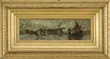 Samuel Hester Crone, Venice, Oil on board scene shows Venice Harbor with sailboat and gondola against a cityscape background