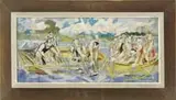 Tully Filmus, The Net Fisherman, Oil on canvas fishing scene shows two groups of men in small boats lifting a fish filled net from water