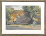 Albert Sheldon Pennoyer, Figures in a Wooded Landscape, This pastel outdoor scene depicts two figures in a hilly, western landscape with trees, etc., likely a California scene