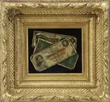 Victor Debreuil, Three Bills, Oil on canvas trompe l’oeil of three U.S. bills laid on top of each other with bent corners and realistic images