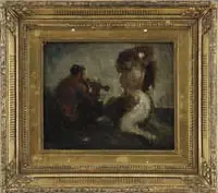 Ker-Xavier Roussel, Song of the Sabine, Oil on board scene shows a figure with flute serenading a nude woman under a dark sky