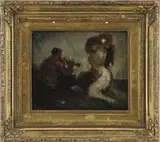 Ker-Xavier Roussel, Song of the Sabine, Oil on board scene shows a figure with flute serenading a nude woman under a dark sky