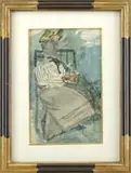 Jean Dufy, Femme Assise (Mme Dufy), Watercolor portrait of a seated woman wearing a greenish/gray dress with striped blouse, against a blue/green background