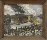 Francisco Rebolo Gonzales, Earth’s Fury, Oil on canvas scene of a smoldering lava spewing dark volcano and the march of the population away from it