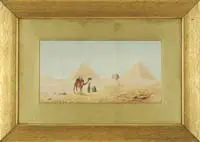 Zullo, The Pyramids of Giza, Watercolor Egyptian scene shows two men with camel having the three pyramids and the sphinx as a backdrop