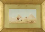 Zullo, The Pyramids of Giza, Watercolor Egyptian scene shows two men with camel having the three pyramids and the sphinx as a backdrop
