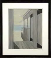 Beach Side Villa by A. E. S. Peterson, Watercolor/gouache scene shows a modern gray beach front home looking out at a calm blue ocean and sandy beach, offered Aug 2011