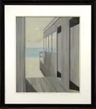 A. E. S. Peterson, Beach Side Villa, Watercolor/gouache scene shows a modern gray beach front home looking out at a calm blue ocean and sandy beach