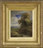 Henry Jutsum, Figure in Landscape, Oil on board scene shows a man in a red coat atop a grass covered stream bank under a large tree with blue and cloud sky