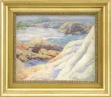 Marion P. Howard, The White Rocks, Oil on board coastal scene shows foreground white granite rocks along a coastline with water and rock outcroppings