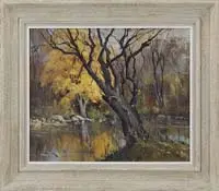 Otis Pierce Cook, Woodland Pond, Oil on canvas late fall scene shows a small pond with rocky banks, large trees, one with colorful golden foliage