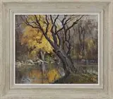 Otis Pierce Cook, Woodland Pond, Oil on canvas late fall scene shows a small pond with rocky banks, large trees, one with colorful golden foliage