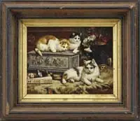 Signed, Aristocratic Cats, Oil on wood panel shows three cats on a dresser top set with jewelry casket, fan, ring case and fancy vase of flowers
