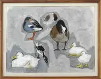 Friends by Charles Culver, Watercolor & charcoal on paper scene shows a variety of ducks and geese against a grey background, offered Aug 2011