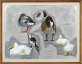 Charles Culver, Friends, Watercolor & charcoal on paper scene shows a variety of ducks and geese against a grey background