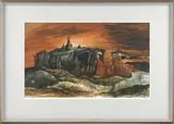 Raphel Gleitsman, The Color of War Is Red, Watercolor scene shows a landscape heightened with red sky with ruins after a battle