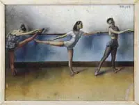 Isaac Soyer, Ballerinas, Large pastel interior studio view of three ballerinas at the bar practicing