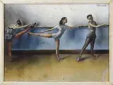 Isaac Soyer, Ballerinas, Large pastel interior studio view of three ballerinas at the bar practicing