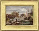 Wilhelm Legler, Working the Garden, Oil on board scene shows two figures working in a city park garden under colorful pink to gray sky