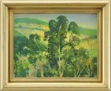 George Henry Melcher, California Hills, Oil on board summer scene shows a green & yellow hillside with foreground trees