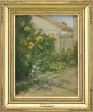 Emily Maria Spaford Scott, The Garden Path, Oil on canvas backyard scene shows a path lined with flowers having tall sunflowers in the background