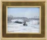 Winfield Scott Clime, Georgetown Heights Near Poxhall Rd, 1914, Oil on board sketch from nature shows snow covered fields lined with bare trees & evergreens