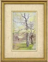 Mike Graves, The Red Barn, Oil on board late fall scene shows a red barn with two tall trees, grass and stone wall