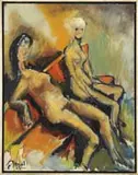 Joan Brown, The Girls at Mama Tia’S, Oil on board scene of two nude women seated on an orange bench