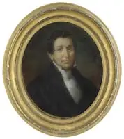 Unsigned, Portrait of the Reverend Professor Samuel Seabury, Pastel mounted on canvas oval half portrait of a man wearing a black coat, white shirt, having blue eyes and brown hair