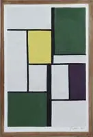 Jean Gorin, Abstract Square, Oil on panel abstract scene shows a compilation of white, green, yellow and purple squares lined in black