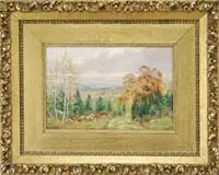Henry Orne Ryder, Panoramic Autumn Landscape, Oil on board scene shows a wooded hillside overlooking water and hills. A nice fall scene with good color