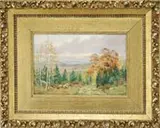 Henry Orne Ryder, Panoramic Autumn Landscape, Oil on board scene shows a wooded hillside overlooking water and hills. A nice fall scene with good color