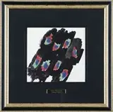 Abstract Design by Sonia Delaunay, Watercolor abstract design of green, red and blue splotches on a black background, offered Jan 2006