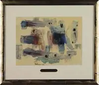 Alfred Manessier, Abstract Composition –1949, Mixed media modern abstract has an oil and watercolor scene in colors of blue, red, which wash and green