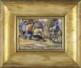 José Roig, Gathering of Men, Small oil on board scene shows five men seated in various style outside chairs and stools in a garden/park setting