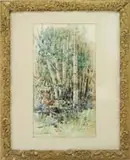 Mary Mason Brooks, The Birch Trees, Spring watercolor landscape scene shows tall birches amongst low grasses, ferns and brush