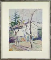 Will Rowland Davis, The White Barn, Watercolor scene shows a large white barn with cupola and blue barn door at the end of a lawn area with two trees