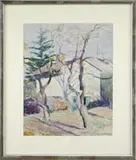 Will Rowland Davis, The White Barn, Watercolor scene shows a large white barn with cupola and blue barn door at the end of a lawn area with two trees
