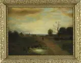 Emma Kissling, Sunset in the Village, Oil on canvas scene shows a man walking towards a small village in an impressionistic landscape