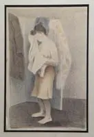 Behind the Screen by Raphael Soyer, Colored lithograph shows a young woman dressing behind a room screen, offered Jan 2006