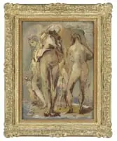 Seashore by Jon Corbino, Oil on board beach scene shows five nude women on a sandy beach, offered Jan 2006