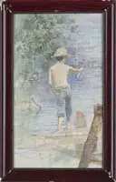 Robert Gallon, Boy Fishing on Dock, Watercolor summer scene shows a young boy with fishing pole at end of dock. Tree lined bank with blue water
