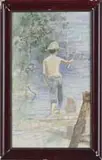 Robert Gallon, Boy Fishing on Dock, Watercolor summer scene shows a young boy with fishing pole at end of dock. Tree lined bank with blue water