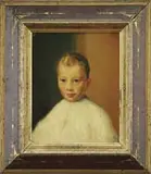 Dorothea Partrick Wilson, Boy at the Barbers, Oil on board shows a young boy with white smock against a green to tan background