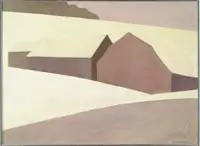 Ruth Fuller White, Winter Barns, Oil on canvas winter landscape shows a connected series of barns covered with snow on a hillside