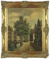 Henk Nan, Dutch Village with Canal, Oil on canvas scene shows two arched bridges over canal with road and buildings