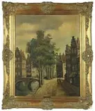 Henk Nan, Dutch Village with Canal, Oil on canvas scene shows two arched bridges over canal with road and buildings
